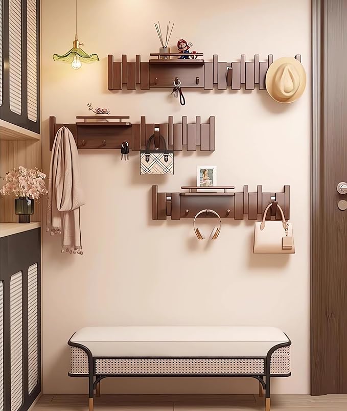 Wall Mounted Piano Key Hanger | Flip Style Hook | Entrance Wall Art Hook, Made of Oak Wood (3 Times Painted, 4 Times Polished) (Fence Beech, 10Hooks)