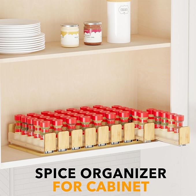 SpaceAid Bamboo Pull Out Spice Rack Organizer for Cabinet, Heavy Duty Slide Out Seasoning Kitchen Pantry Sliding Vertical Organization, 7.6" Wide, 3 Drawers(2" Wide), 1-Tier, Natural