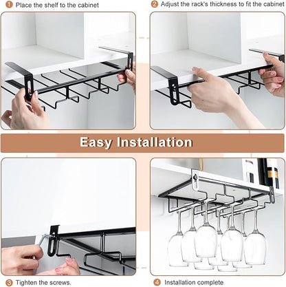 AUHOKY 2Pcs Adjustable Wine Glass Rack Under Cabinet, Punch-Free 3 Rows Stemware Metal Holder, Hanging Glass Storage Hanger Organizer for Shelf Kitchen Bar Decor (3 Rows, Black)
