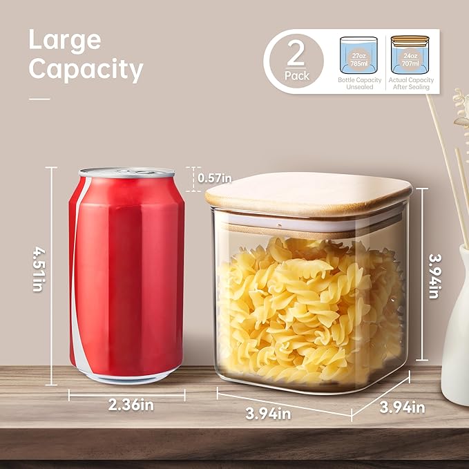 Square Glass Jars with Bamboo Lids 27 FL OZ [Set of 6], Glass Canisters with Airtight Lids, Glass Food Storage Containers for Coffee, Sugar, Tea, Candies, Cookies,Best for Kitchen & Pantry