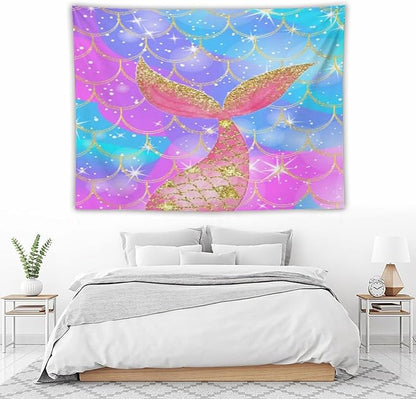 HZOHNAGO Mermaid Scales Tapestry Colorful Shiny Scales Mermaid Tail Pattern Printed Wall Tapestry Wall Hanging for Bedroom Living Room Dorm 80" W x 60" H