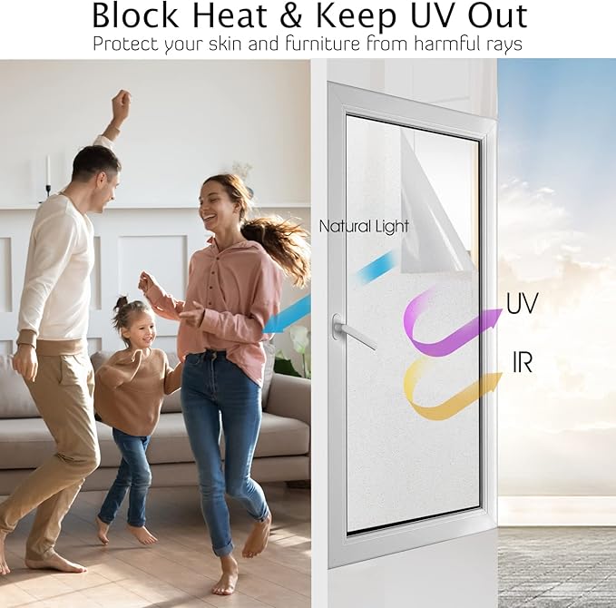 HIDBEA Frosted Window Privacy Film Non-Adhesive, Reusable Window Glass Films Heat Control Self Static Cling Removable Window Stickers for Home Office Living Room (Frosted, 55.1 Inch x 32.8 Feet)