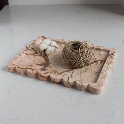 Natural Luxury Scalloped Marble Tray 10.8"x8", Rectangle Vanity Tray for Bathroom Kitchen Counter, Decorative Tray for Dresser Home Decor (Pink Marble)