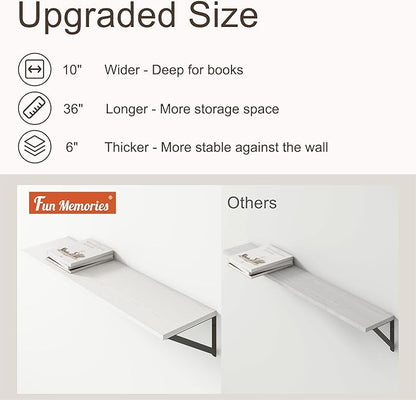 36"W x 10"D Floating Shelves, 10 Inch Deep White Floating Shelves, Farmhouse Rustic Deep Wall Shelves for Home Decor, Wide Large Floating Shelf for Bathroom, Living Room, Kitchen, Study Room