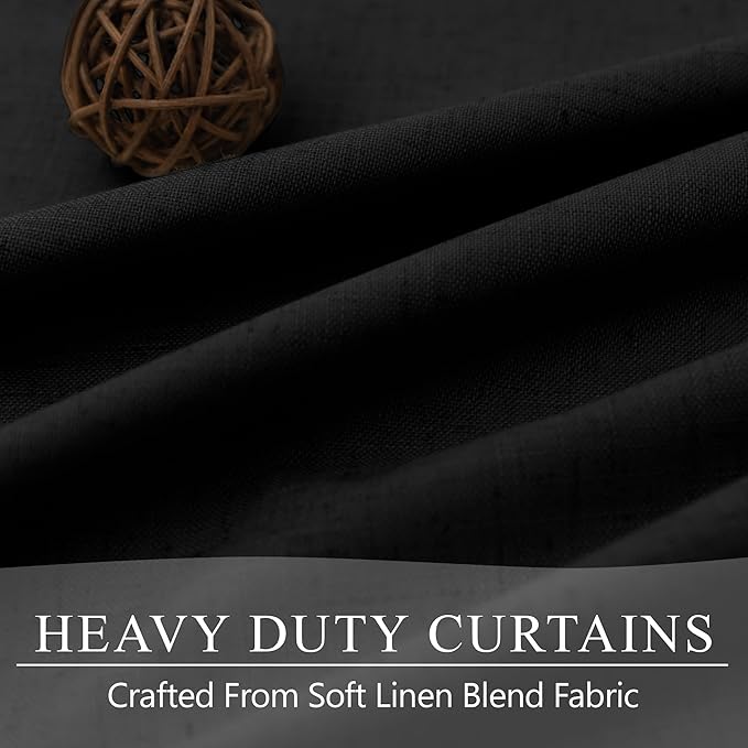 Black Boho Curtains for Bedroom 90 Inches Long Sound Proof Blackout Linen Window Treatment Drapes Double Full Total Light Blocking Floor to Ceiling Curtains for Dining Room 90 Length 2 Panel Back Tab