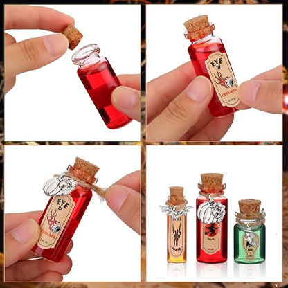 Newtay 53 Pcs Halloween Mini Potion Bottles Set Including 12 Decorative Glass Bottles with Cork Stoppers 20 Creepy Apothecary Bottle Labels Stickers 20 Charms Pendants 1 String (5/6/7/12 ML,Stylish)