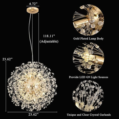 Modern Crystal Chandelier, Sputnik Dandelion High Ceiling Hanging Lamp, Large Beaded Gold Pendant Light for Living Room Dining Room Kitchen Island Bedroom (Gold 16Lights)