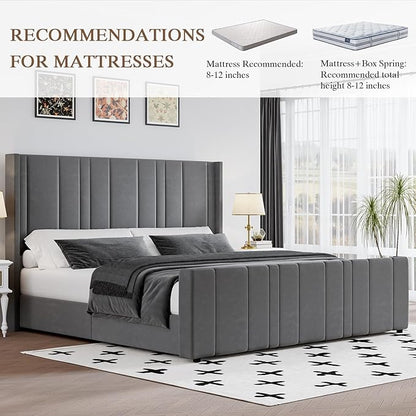 King Size Bed Frame and Headboard, Modern Velvet Upholstered Bed Frame with Vertical Channel Tufted Headboard & Footboard, Soft Bed Frame King, Noise Free, No Box Spring Needed, Easy Assembly, Grey
