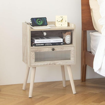 AWASEN Nightstand with Charging Station, Modern Bedside Table with Glass Decorative Drawer, Charging Night Stand Side Tables for Bedroom and Small Space, Rustic White Oak