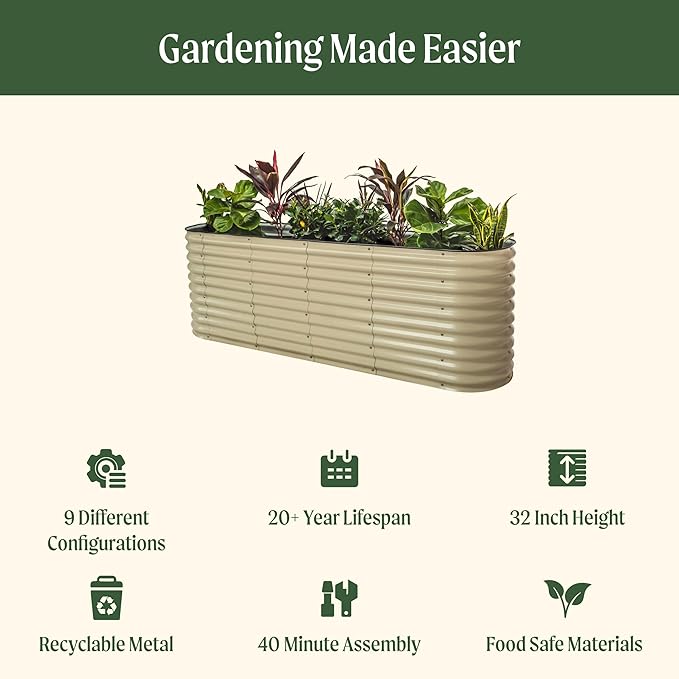 Vego Garden 32" Extra Tall Oval Metal Raised Garden Bed Kit - 9 in 1 Modular Planter Box for Vegetables, Flowers, Fruits - Pearl White