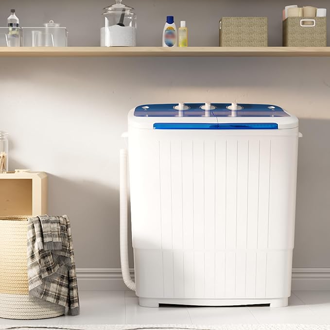 Pataku Portable Washing Machine, Compact Twin Tub Mini Washing Machine, 17.6 LBS Washer and Dryer Combo with Soaking Function, Semi-Automatic for Apartment, Dorms, RVs, Camping (White & Blue)