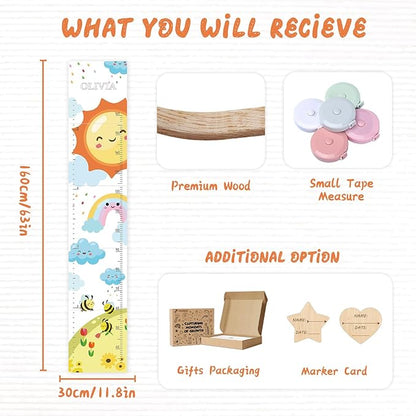 Personalized Name Growth Chart for Wall, Sun Rainbow Height Chart for Kids, No-Drill Growth Chart for Wall, Perfect as Kids Room Decor & Thoughtful Birthday Gift for Boys and Girls