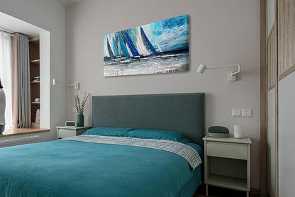 Arjun Blue Abstract Wall Art Canvas Teal Ocean Sailboat Picture Modern Turquoise Coastal Nautical Painting Large 48"x24" Framed Textured Artwork for Living Room Bedroom Bathroom Home Office Wall Decor
