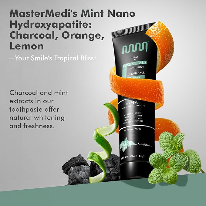 MasterMedi Charcoal Toothpaste with Nano Hydroxyapatite – Fluoride Free, SLS Free, Sensitive Whitening, Enamel Support, Spearmint Flavor, Dentist Recommended, 4 oz (Pack of 1)