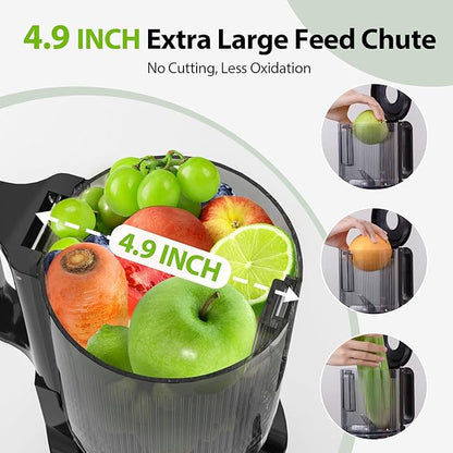 Aeitto Cold Press Juicer, Juicer Machines with 4.9" Large Feed Chute, Fits Whole Vegetables and Fruits, Professional Juice Maker, Easy to Clean, High Juice Yield, Easy to Assemble,Grey