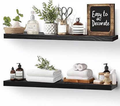 Floating Wall Shelves 2-Pack - Rustic Black 16-inch Wooden Wall Shelves for Storage and Décor, Multi-Functional and Easy to Install for Living Room, Bedroom, and Kitchen