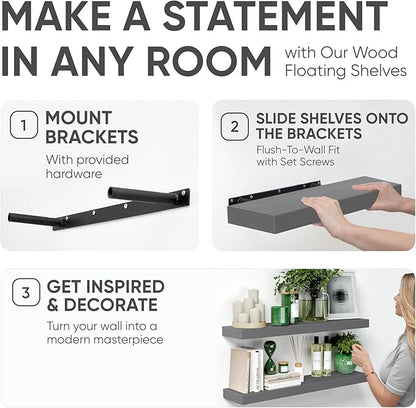 Homeforia Gray Floating Shelves for Wall, Premium Solid Wood Grey Shelf, Grey Bathroom Shelves, Heavy Duty Bracket, 30 x 6.5 x 1.75 inch, Set of 2