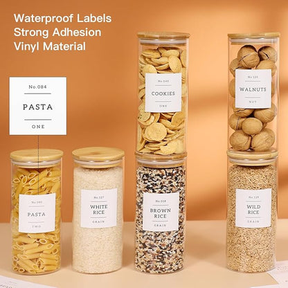 6 Pack Glass Jar with Airtight Bamboo Lid and White 132 Kichen Pantry Labels Preprinted - 28 Oz Clear Round Glass Food Storage Containers set For Tea Coffee Bean Cookie