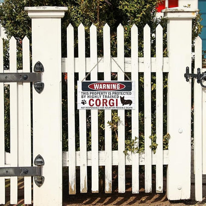 Funny Warning Sign - The Property is Protected By Highly Trained Corgi - Decorative Wood Hanging Plaque, Wall Decor, Owner Home Decor, Door Gate Hanger, Front Porch Sign