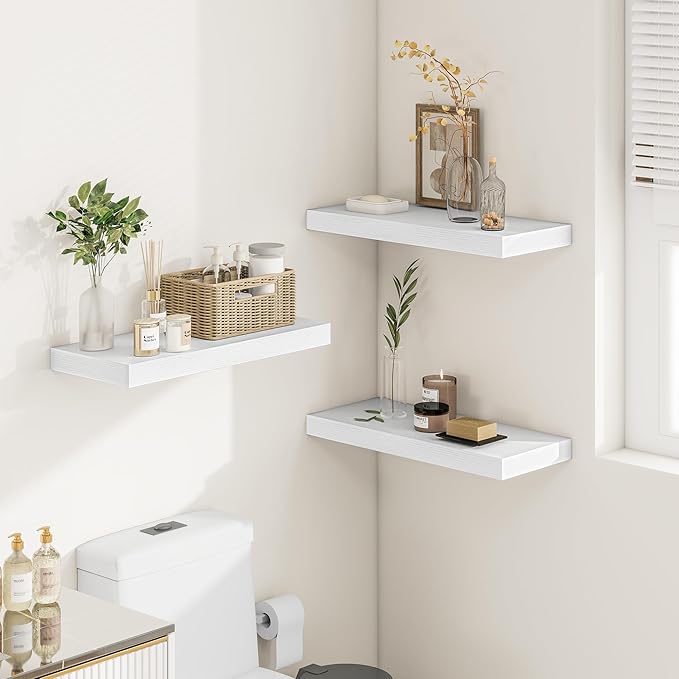 White Floating Shelves for Wall, 24 Inch X 12 Deep Shelves for Room Wall Mounted，2" Thick Heavy Duty Holds 55lbs Floating Shelf for Bedroom Bathroom Kitchen Laundry Room, Set of 2