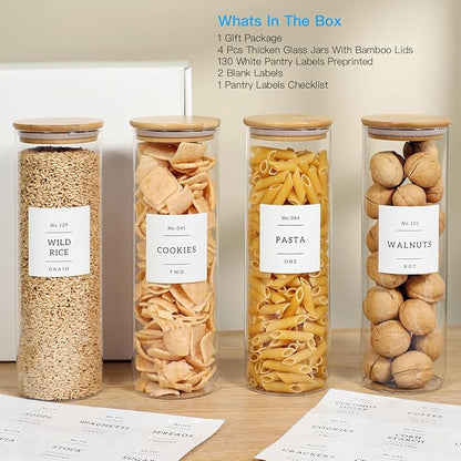 4 Pack Glass Jar with Airtight Wood Lid and White 132 Kichen Pantry Labels Preprinted - 38 Oz Clear Round Glass Food Storage Containers set For Cereal Rice Sugar