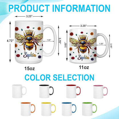 Hyturtle Personalized Floral Bee Mug - Bee Keeper Gifts For Women Lovers Teacher - Honey Gifts For Beekeeper Farmer On Birthday - Queen Honeycomb Decor - Custom Coffee Cup Ceramic Mug 11 Oz 15 Oz