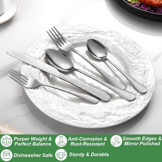 40 Pcs Silverware Set for 8 with Hammered Design, Food Grade Stainless Steel Flatware Set, Eating Utensils Sets Include Fork/Knife/Spoon, Reusable Cutlery Set, Dishwasher Safe