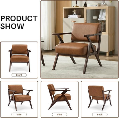 Mid-Century Modern Lounge Armchair - Genuine Brown Leather with Solid Wood X-Base Frame, Seat Cushion - for Living Room, Study, Balcony Retro Design, Brown Leather