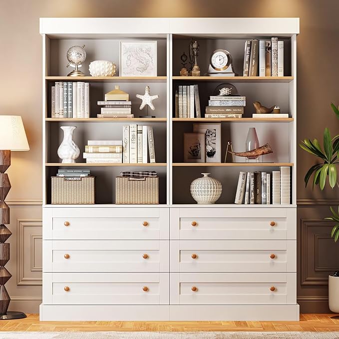 Vyre 71" Tall Farmhouse Bookshelves with Drawers, Set of 4 – Large Modular Bookcase with Adjustable Shelves, Storage Cabinet for Living Room, Kitchen, Home Office, White