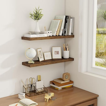 Fun Memories Floating Shelves for Wall, 24" Rustic Wood Deep Wall Mounted Shelves with Invisible Brackets for Decor & Storage, Floating Shelf for Living Room, Bathroom (Rustic Brown, Set of 2)