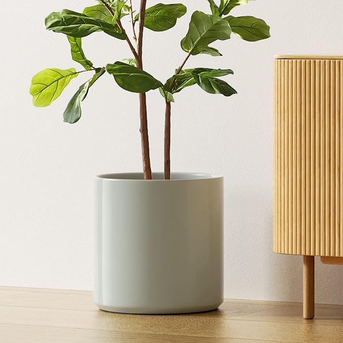 LE TAUCI 12 Inch Pots for Plants, Ceramic Large Plant Pot for Indoor Plants, Mid-Century Modern Flower Planter Pots with Drainage Hole and Removable Plug, Round Planter Pot, Reactive Glaze Blue Gray