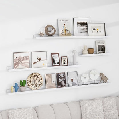 Solid Ash Wood Picture Ledge Shelf, 36 Inch Floating Shelves with Lip Set of 2, Photo Ledge Shelf Nursery Bookshelf Wall Mounted for Living Room Bedroom Decor, White