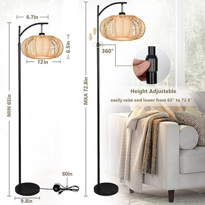 Arc Floor Lamps for Living Room Bedroom Rattan Boho Floor Lamp with Remote Control,Dimmable Led Standing Lamp Wicker Lamp Shade Rustic Tall Floor Lamp Modern Flower Lamp for Bedroom Corner