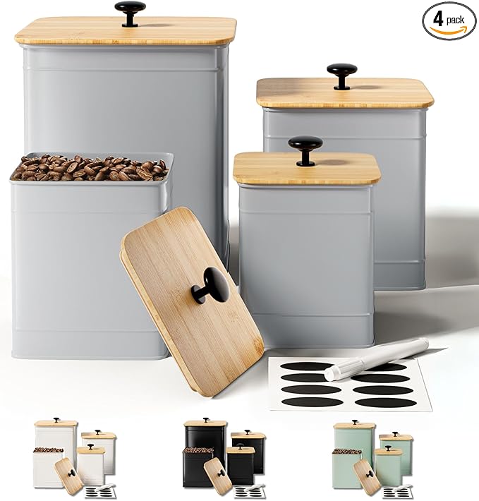 Kitchen Canisters for Countertop Set of 4 with Customizable Chalkboard Labels & Marker Pen - Big Iron Kitchen Canisters with Airtight Lids - Gray Canister Set - Flour and Sugar Containers Farmhouse