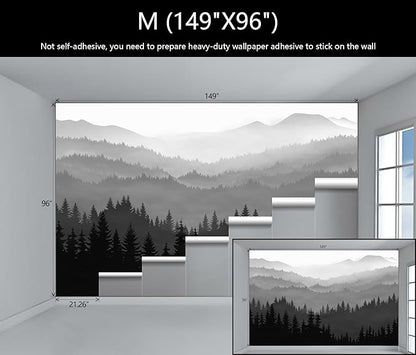 WFBHUA-Black and White Forest Mountain Wallpaper Gray Woodland Nature Landscape Wall Paper Mural for Bedroom Living Room(Not Peel and Stick)