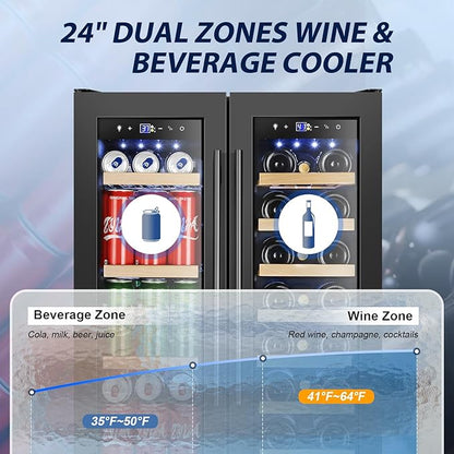 Tylza 24 Inch Wine and Beverage Refrigerator, Dual Zone Wine Beverage Cooler 24" with French Door, Under Counter Wine Beer Fridge Built-In or Freestanding, Holds 20 Bottles and 88 Cans, Black