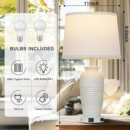 25" Farmhouse Jar Table Lamps Set of 2,Rustic Cream Pot Table Lamp for Bedroom, Living Room,3 Way Touch Control Rustic Bedside Lamps with USB A+C Ports & AC Outlet(LED Bulbs Included)