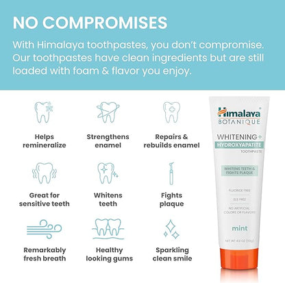 Himalaya Botanique Whitening + Hydroxyapatite Toothpaste for Whiter Teeth & Fresher Breath, Fights Plaque with Hydroxyapatite Support & Mint Flavor, Fluoride Free, SLS Free, & Vegan, 4.0 oz, 2 Pack