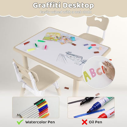 Kids Table and 2 Chairs Set, Height Adjustable (17.7"-26.1") Toddler Table and Chair Set, Multi-Activity Table with Graffiti Desktop, Children’s Table and Chairs for Classroom, Home & Daycare