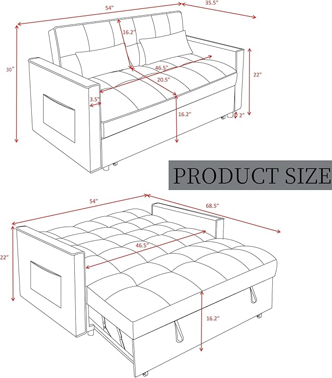3 in 1 Convertible Sleeper Sofa Bed, Velvet Pull Out Sofas Beds with Side Pocket, 54” Adjustable Backrest Futon Sofa Bed, Love Seat Sleepers Couch for Living Room, Bedroom, Small Space, Black