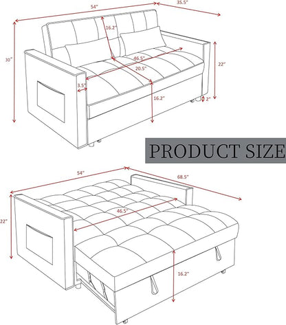3 in 1 Convertible Sleeper Sofa Bed, Velvet Pull Out Sofas Beds with Side Pocket, 54” Adjustable Backrest Futon Sofa Bed, Love Seat Sleepers Couch for Living Room, Bedroom, Small Space, Black