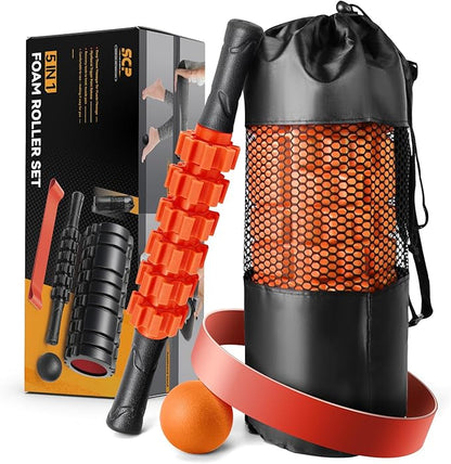5 in 1 Foam Roller Set for Deep Tissue Muscle Massage, Trigger Point Fitness Exercise Foam Roller, Massage Roller, Massage Ball, Stretching Strap, for Whole Body (Orange-New)