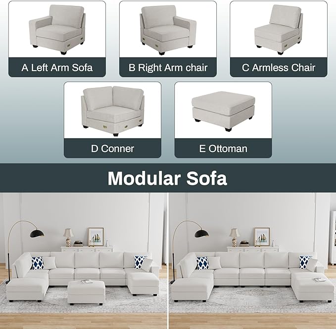 L Lengend Vansen Modular Sectional Sofa U Shaped Couch with Ottoman Modern Reversible Corner Sectional Couch for Living Room (Cream, U Shaped Sofa-4)