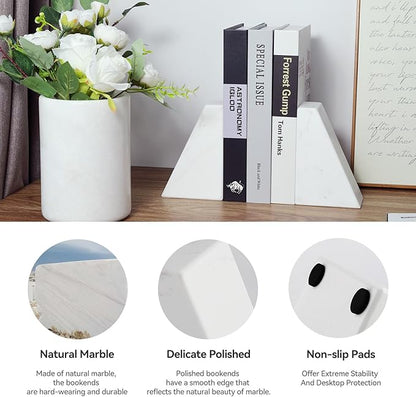 Marble Bookends for Heavy Books, Decorative Book Ends for Shelves, White Stone Durable and Heavy-Duty Book Ends for Hardback Books & CDS, Unique Book Stopper & Holder, Set of 2