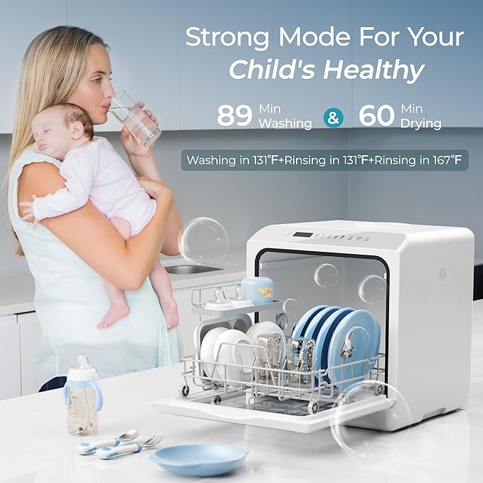 EUHOMY Portable Dishwasher Countertop Dishwasher, Mini Dishwasher Countertop with 5L Built-in Water Tank with 6 Modes, White, Table top dish washer with Baby Care for Apartment & RVs, No Hookup Needed