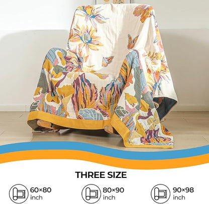 Boho Large Throw Blanket for Bed Couch 60" x 80 "100% Cotton Gauze Fall Blankets Home Decor Soft Lightweight for Sofa Quilt with Floral Butterfly