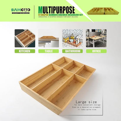 V-Shaped Extra Large Bamboo Drawer Organizer Set of 2, Kitchen Cutlery Tray Utensil Plate, Flatware&Silverware Storage Box, Wood Organizer for Bedroom, Living Room (19.6"x14.6" & 19.6"x12.4")