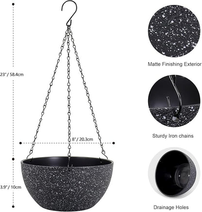 8 inch Small Hanging Planters for Indoor Outdoor Plants, 2 Pack Hanging Flower Plant Pots with Drainage Holes and Chain for Porch, Plastic Hanging Baskets for House Plants, Speckled Black