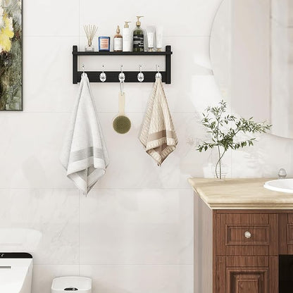 Homode Wall Coat Rack With Shelf, Wood Entryway Hanger With Hooks, Small Floating Pegs for Hanging Coats, Hats, Purses, Backpacks, Black