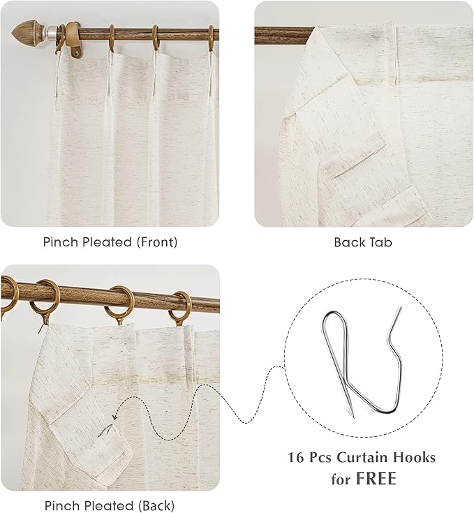 FMFUNCTEX Linen Sheer Pinch Pleated Curtains for Living Room, Linen Flax Beige 84 Inches Long Sheer Curtain See Through Panels for Bedroom, Natural Window Drapes for Farmhouse, Rod Pocket 2 Panels